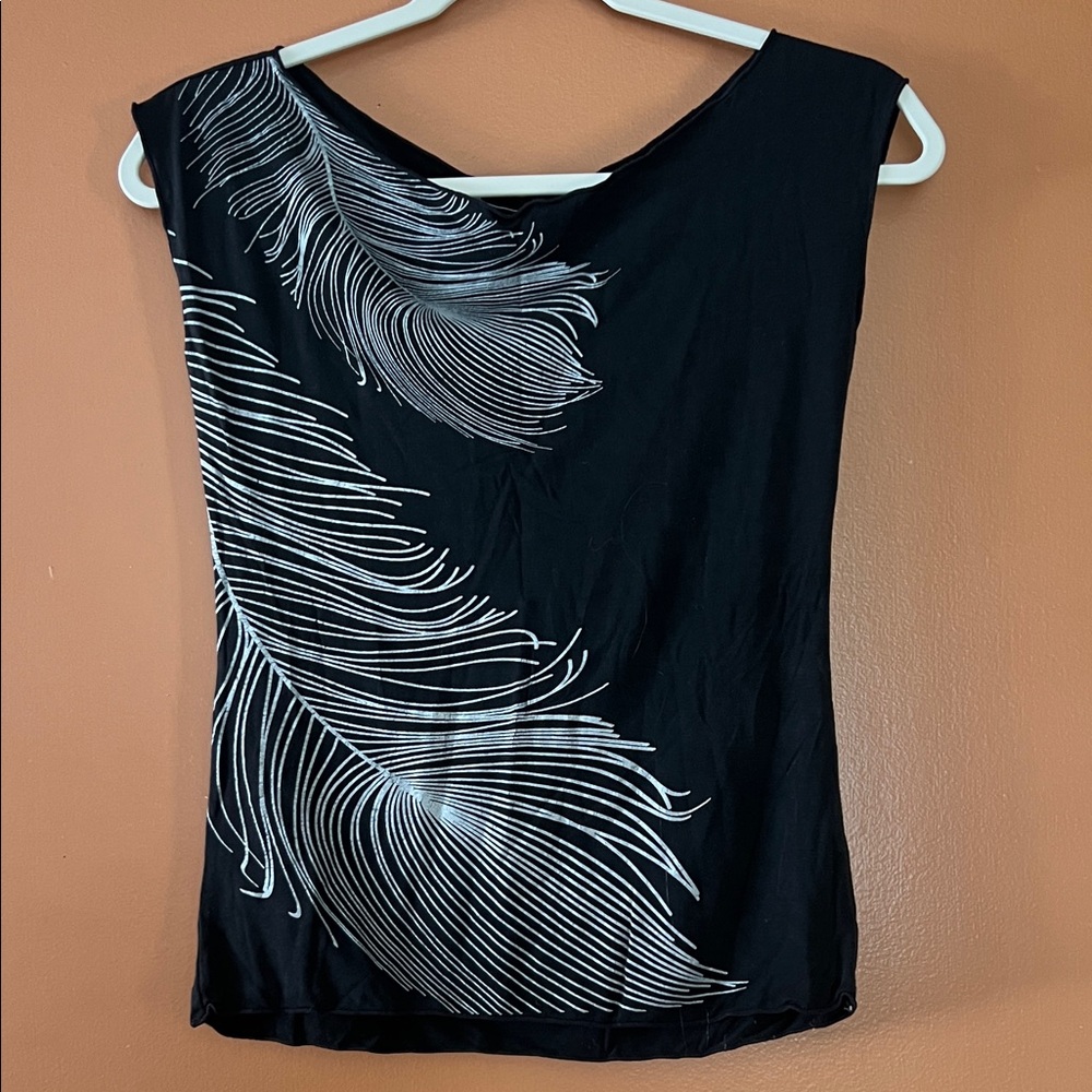 Black Feather Print Women's Top